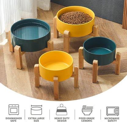 6'' Ceramic Raised Dog Bowl - 30Oz Dog Food & Water Bowl with Elevated Non-Slip Bamboo Stand, Dishwasher & Microwave Safe, Anti Vomiting Heavy Duty Pet Bowl for Small and Medium Dogs, White
