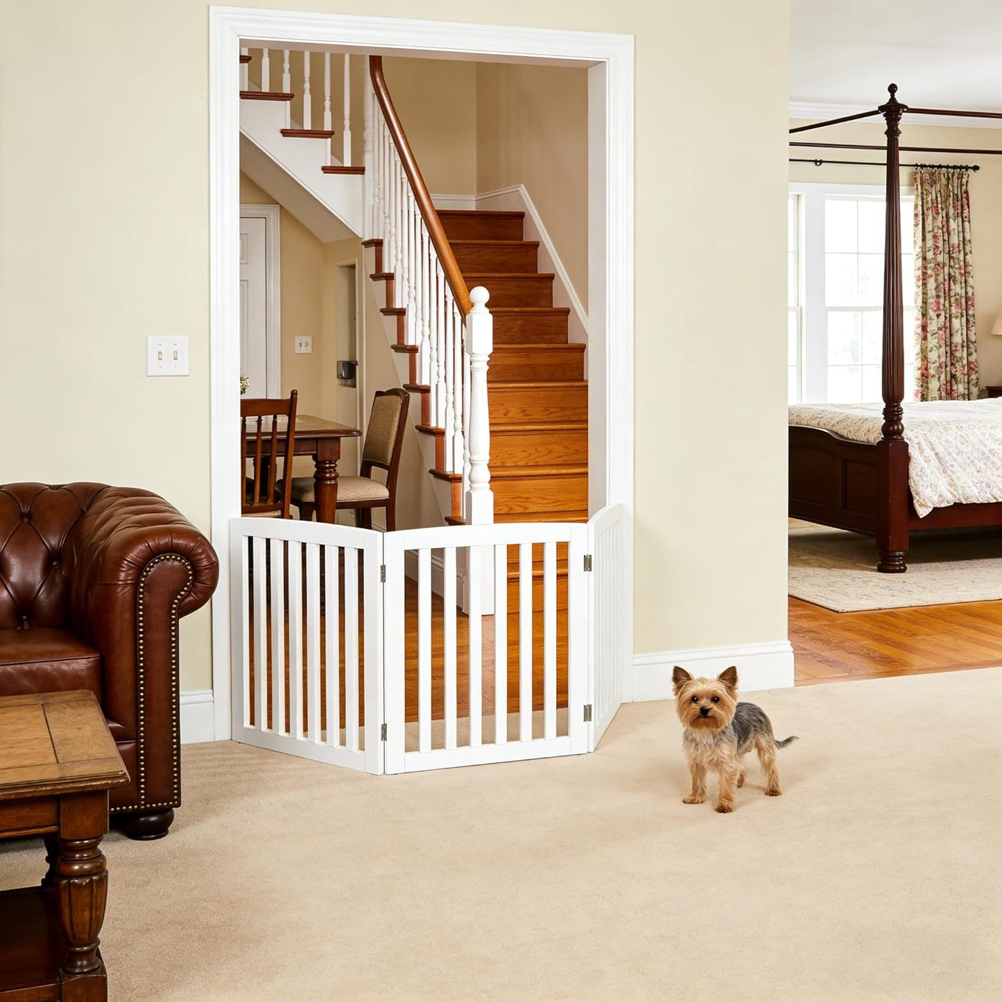 Freestanding Pet Dog Gate 36 Inch Foldable Fence Indoor 3 Panel Extra Wide Wooden Dog Door for Stairs Hallways Doorways