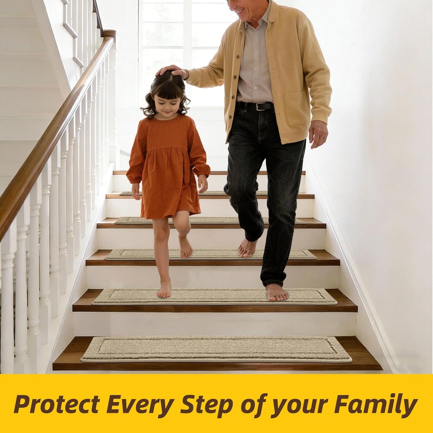 Non-Slip Stair Treads for Wooden Steps Indoor, 15 Pack 8" X 30" Edging Stair Rugs with TPE Backing, Carpet Stair Treads for Kids Elders & Pets, 100% Polyester Soft Stair Runners, Brown