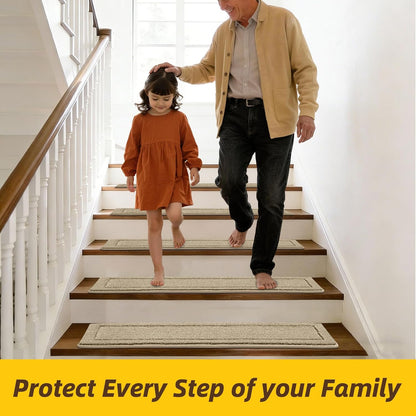 Non-Slip Stair Treads for Wooden Steps Indoor, 15 Pack 8" X 30" Edging Stair Rugs with TPE Backing, Carpet Stair Treads for Kids Elders & Pets, 100% Polyester Soft Stair Runners, Brown