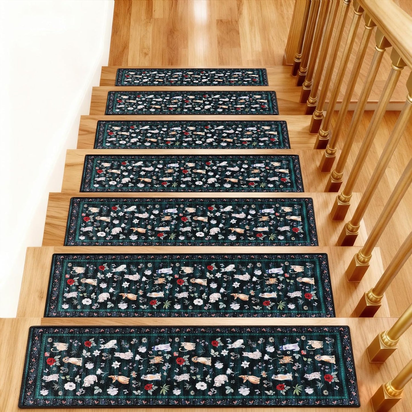 Animal Cat Dog Stair Treads Non Slip for Wooden Steps 15PCS 8"x30" Stair Carpet Treads TPR Backing Soft Stair Runner Washable Reusable Indoor Safety Stair Mats for Elders Kids Dogs Black