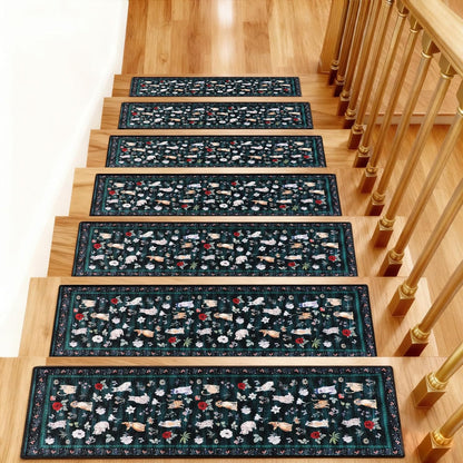 Animal Cat Dog Stair Treads Non Slip for Wooden Steps 15PCS 8"x30" Stair Carpet Treads TPR Backing Soft Stair Runner Washable Reusable Indoor Safety Stair Mats for Elders Kids Dogs Black
