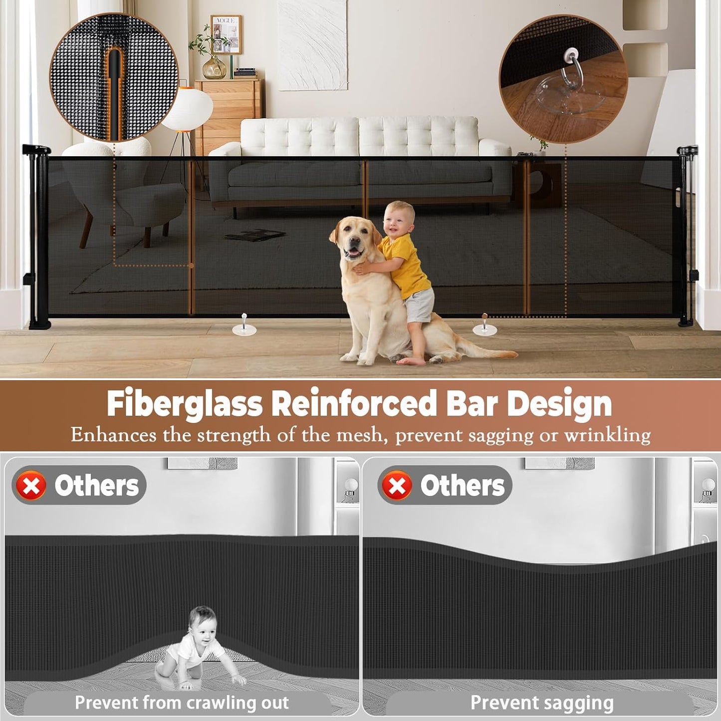 236" Retractable Baby Gate Extra Wide, 41" Tall Retractable Dog Gate for Stairs, Doorways, Decks, Mesh Gate Long Child Gate Pet Gate for Indoor, Outdoor, with Reinforced Mesh Rods, Dual Locks