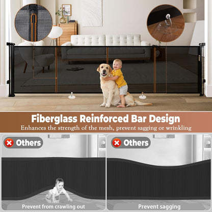 236" Retractable Baby Gate Extra Wide, 41" Tall Retractable Dog Gate for Stairs, Doorways, Decks, Mesh Gate Long Child Gate Pet Gate for Indoor, Outdoor, with Reinforced Mesh Rods, Dual Locks