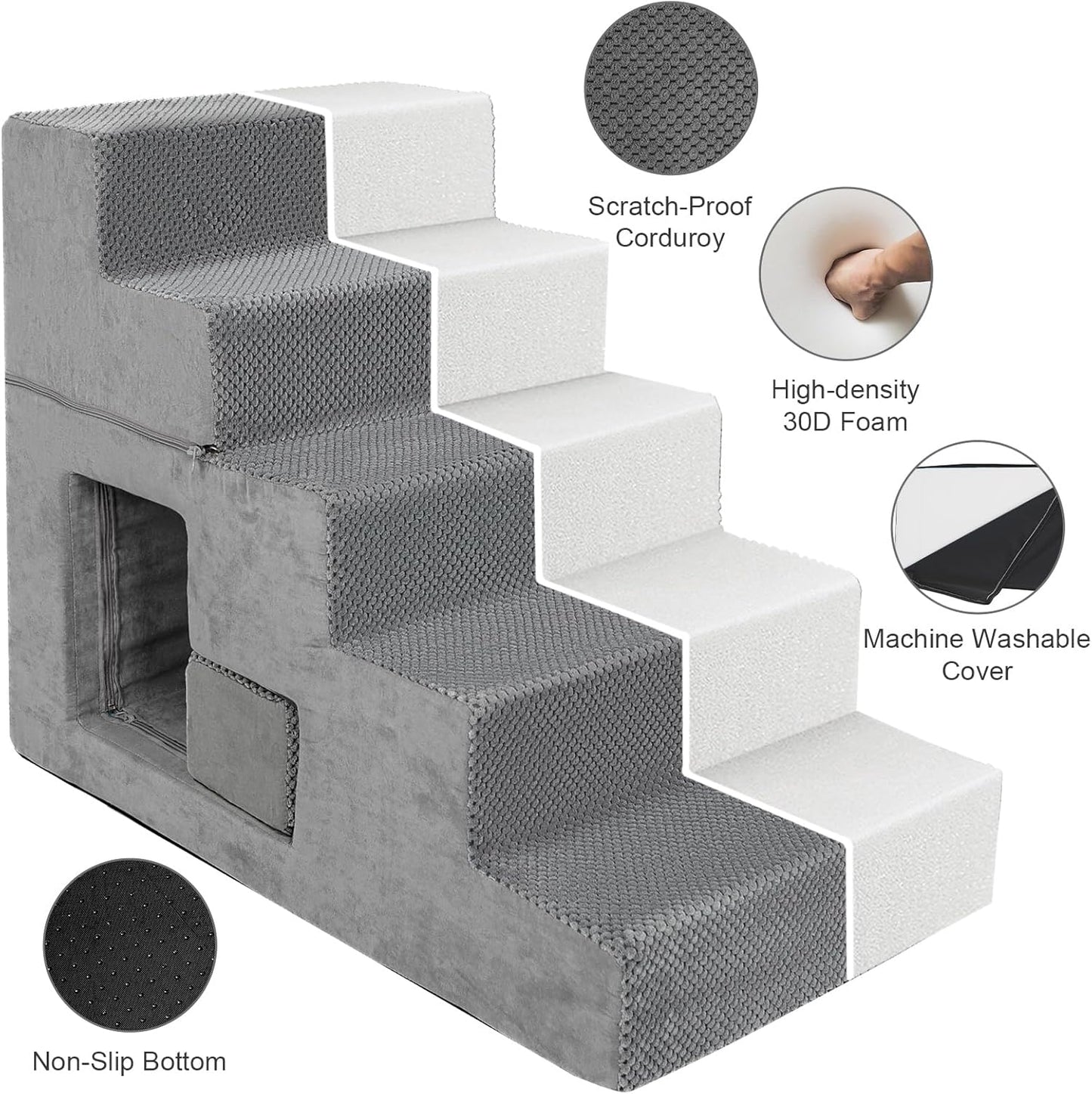 Dog Stairs for Small Dogs, 6-Step Dog Steps for High Bed, High-Density Foam Pet Stairs with Non-Slip Removable Washable Cover to Get on Bed