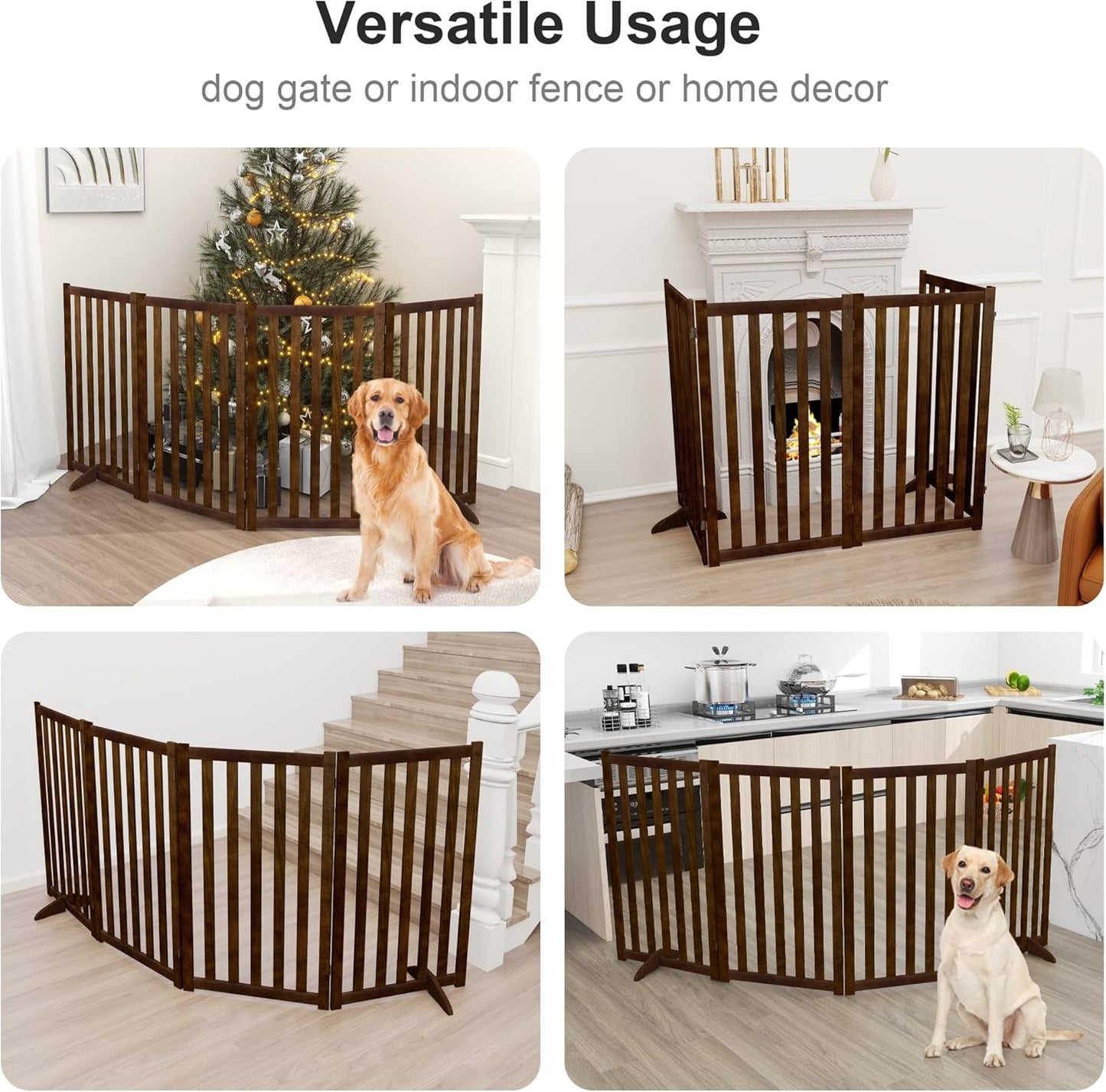 36" Height Extra Tall Freestanding Pet Gate, Solid Wood Folding Safety Fence Wooden Dog Gate with 2 PCs Support Feet Ideal for Stairs, Doorways, Halls, Kitchens, Heavy Duty Gates, 3 Panels, Oak