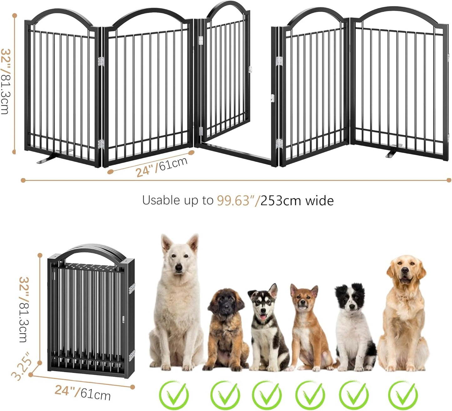 BHG Metal No-Assembly Freestanding Dog Gate with Door Walk Through, Extra Wide 144", Extra Tall 32" Pet Gate, Accordion Puppy Folding Playpen Dog Fence, with 2PCS Support (Black, 6 panesl)