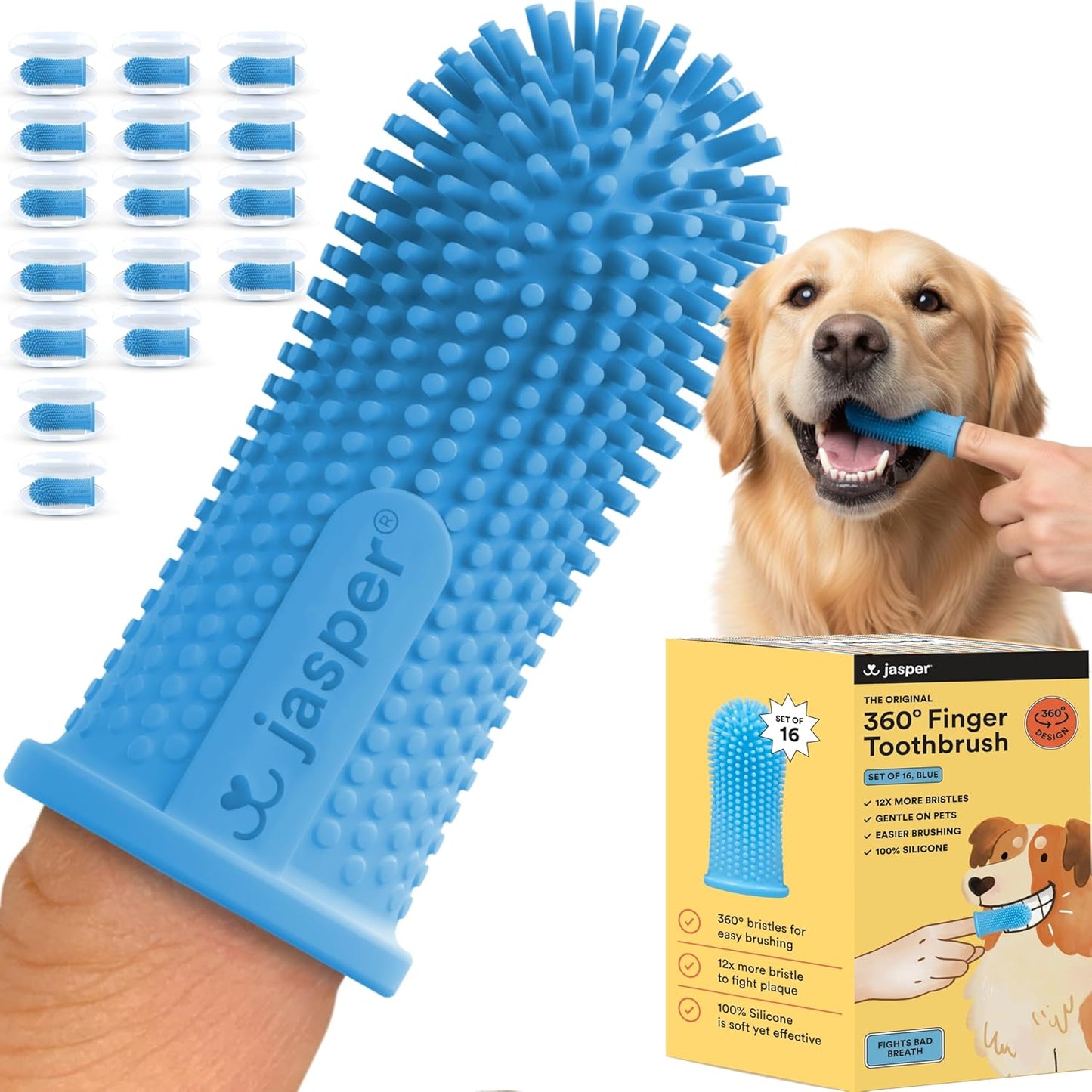 Jasper Dog Toothbrush, 360 Degree Dog Tooth Brushing Kit, Cat Toothbrush, Canine Dental Care & Teeth Cleaning Kit, Pet Finger Tooth Brush, Use with Pet Toothpaste, 4-Pack Blue