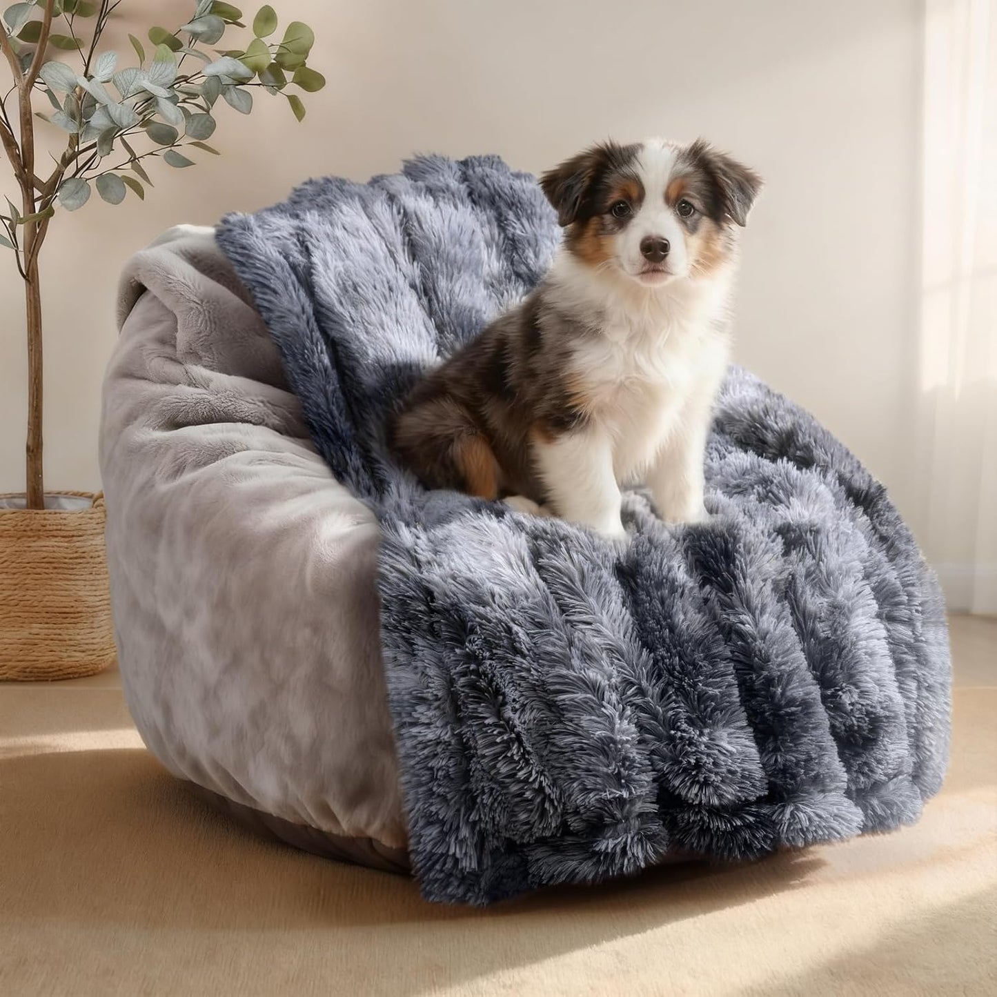 Luciphia Large Waterproof Dog Blanket for Pet Washable Liquid Proof Bed Intimacy Protection Shaggy Plush Calming Long Faux Fur Couch Cover Calming Cat Throw Blankets, Mist Grey, 50" x 60"