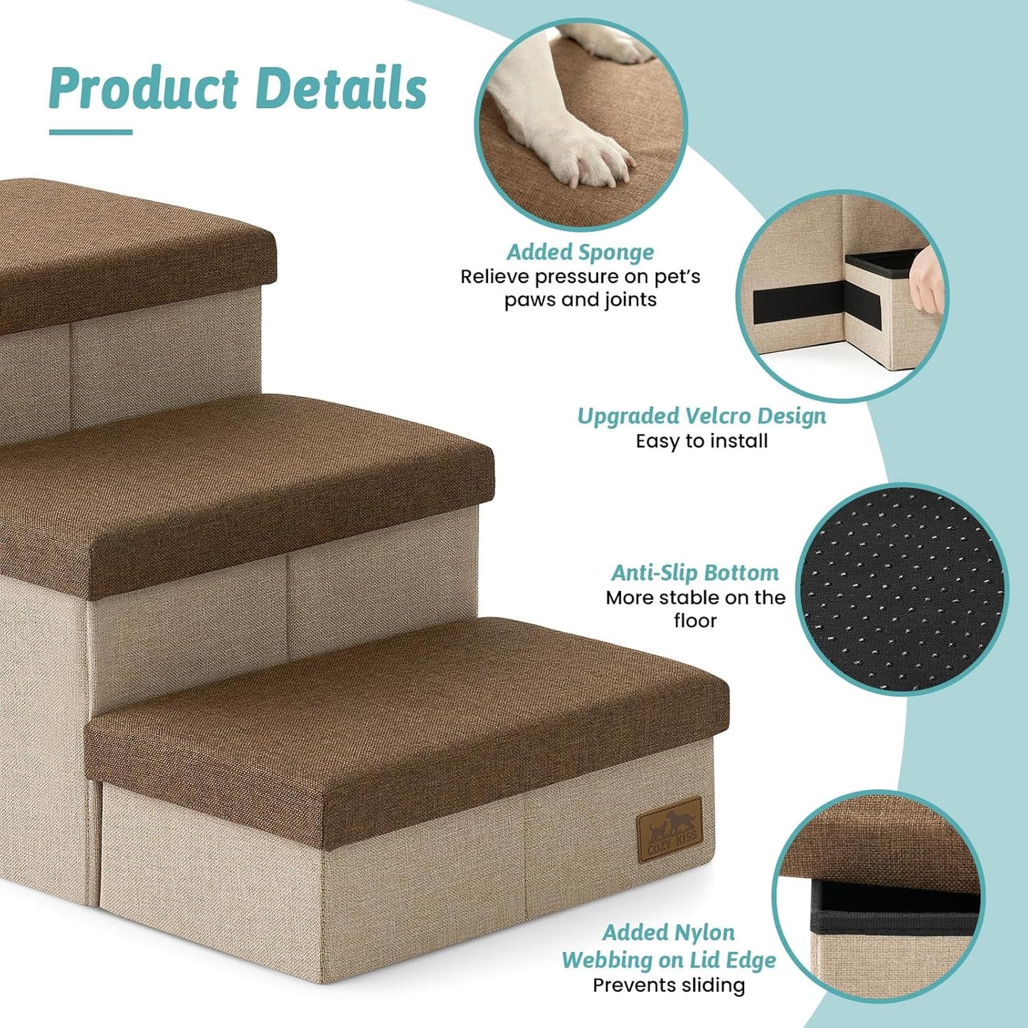 Dog Stairs with Storage, 4-Step Wider Sturdy Dog Steps for Small/Medium/Large Dogs and Older Cats, Folding Doggie Ramp for Bed/Couch/Car Hold Up to 180 lbs (22" H, Brown)