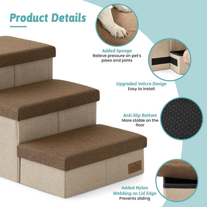 Dog Stairs with Storage, 4-Step Wider Sturdy Dog Steps for Small/Medium/Large Dogs and Older Cats, Folding Doggie Ramp for Bed/Couch/Car Hold Up to 180 lbs (22" H, Brown)