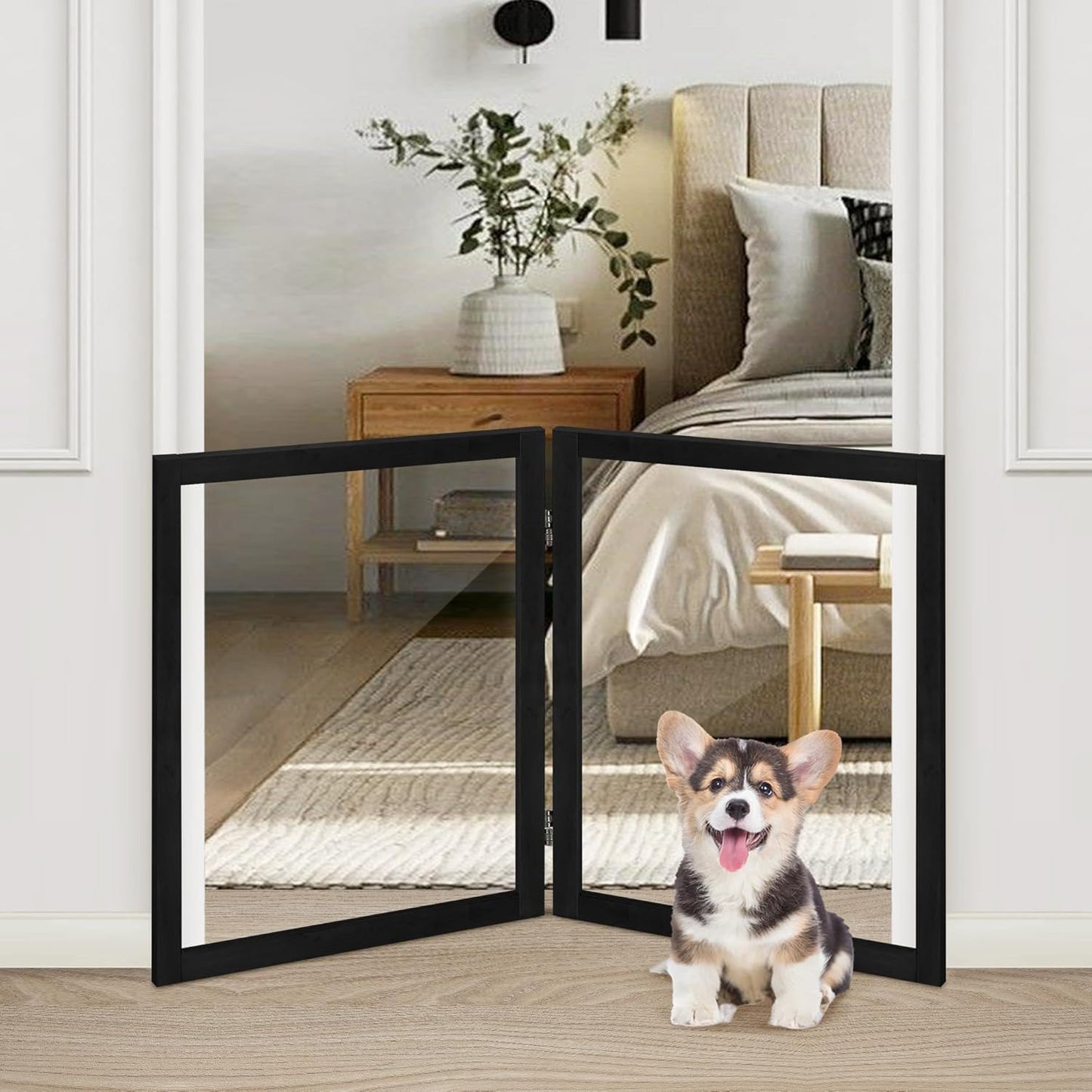 LZRS Clear Dog Gate for Indoor Use - Transparent Pet Fence with Solid Hardwood and Plastic Board, Stylish & Durable freestanding Pet Gate for Doorways, Stairs and Hallways-2 Panel Cherry