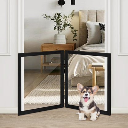 LZRS Clear Dog Gate for Indoor Use - Transparent Pet Fence with Solid Hardwood and Plastic Board, Stylish & Durable freestanding Pet Gate for Doorways, Stairs and Hallways-2 Panel Cherry