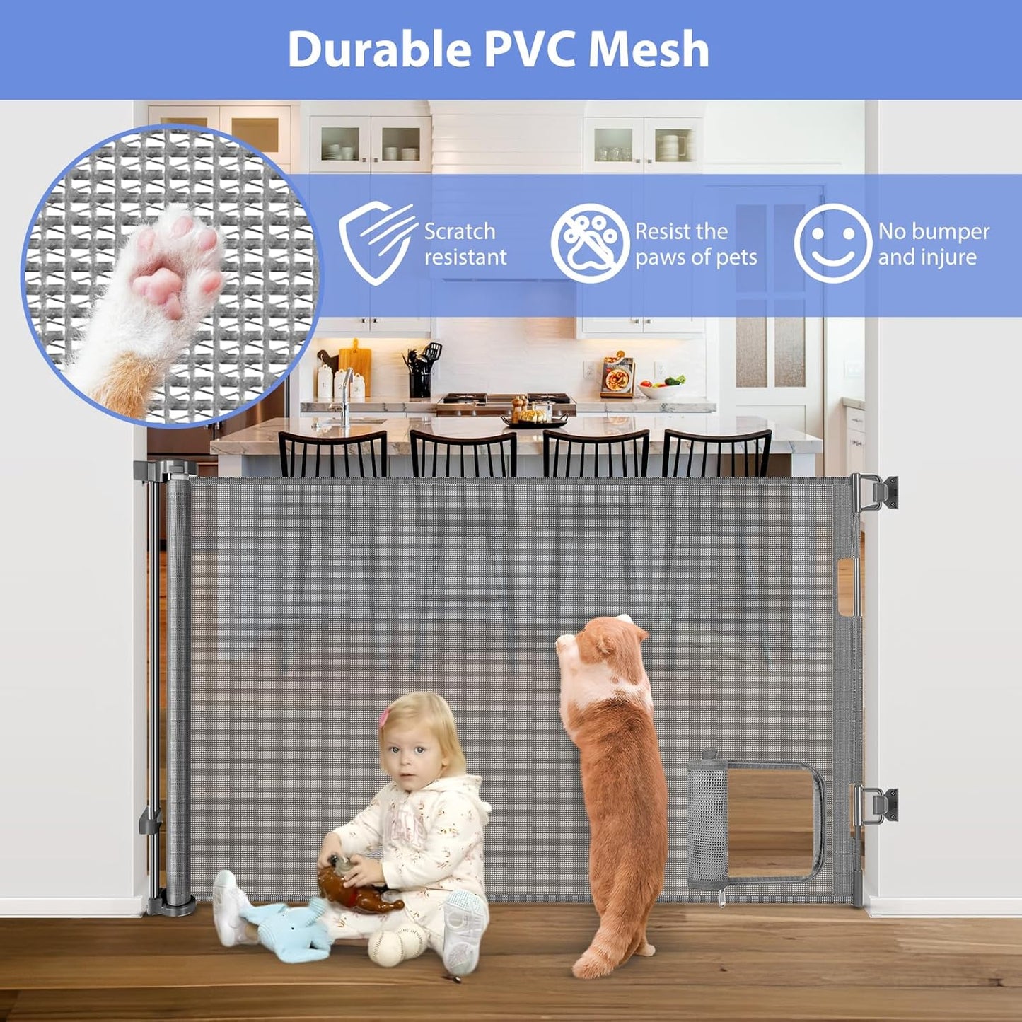 Retractable Baby Gates with Door 55" Wide Retractable Dog Gate with Pet Door Outdoor Retractable Gate for Dogs Mesh Baby Gate Retractable Pet Gate with Cat Door Retractable Child Gates for Doorways