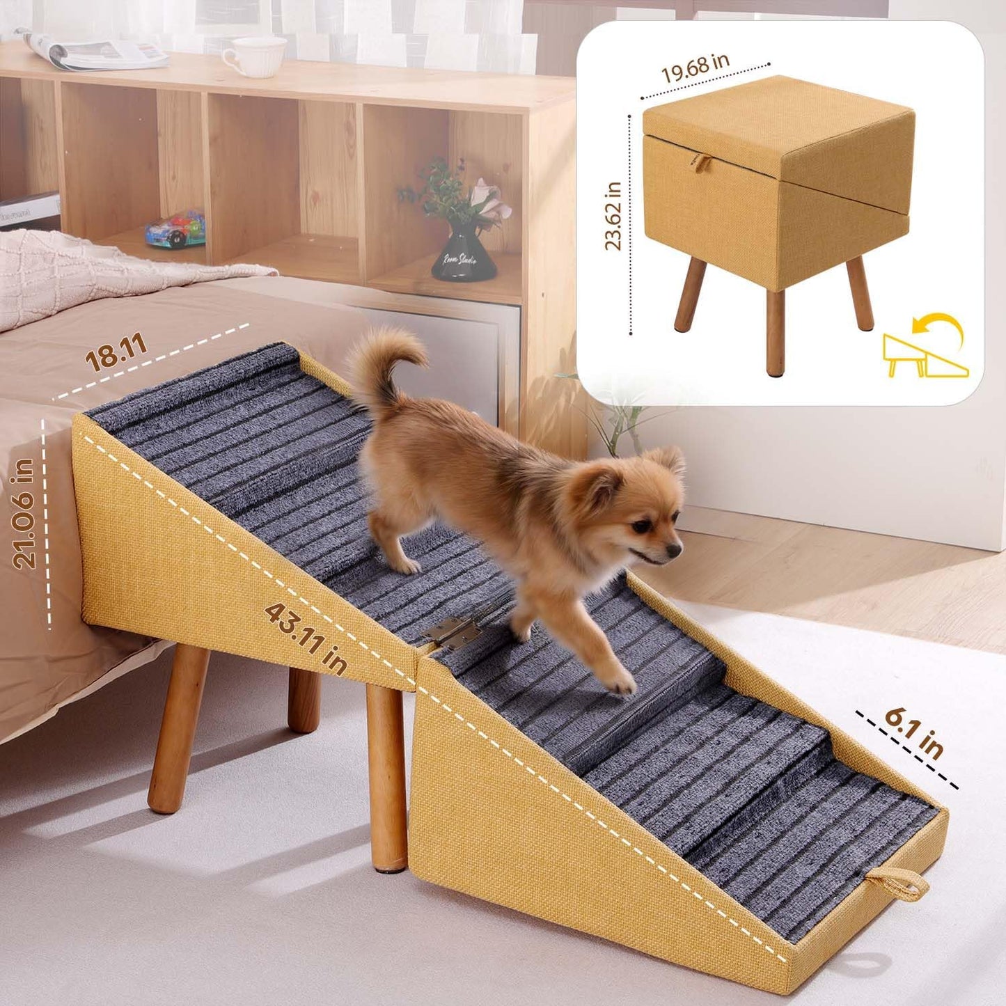 17.13" H Dog Stairs for Small Dogs, 2-in-1 Pet Steps & Ottoman - Foldable Dog Stairs for Couch, Non-Slip Wooden Pet Stairs for Puppy Senior Injured Dogs