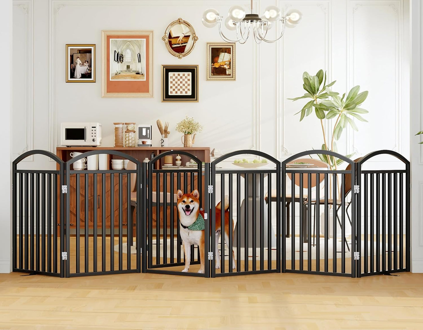 Folding No-Assembly Freestanding Dog Gate with Door,32" Heights Foldable Pet Fence,144" Extra Wide Accordion Puppy Folding Playpen for Doorways,House,Stairs (6 Panels,White)