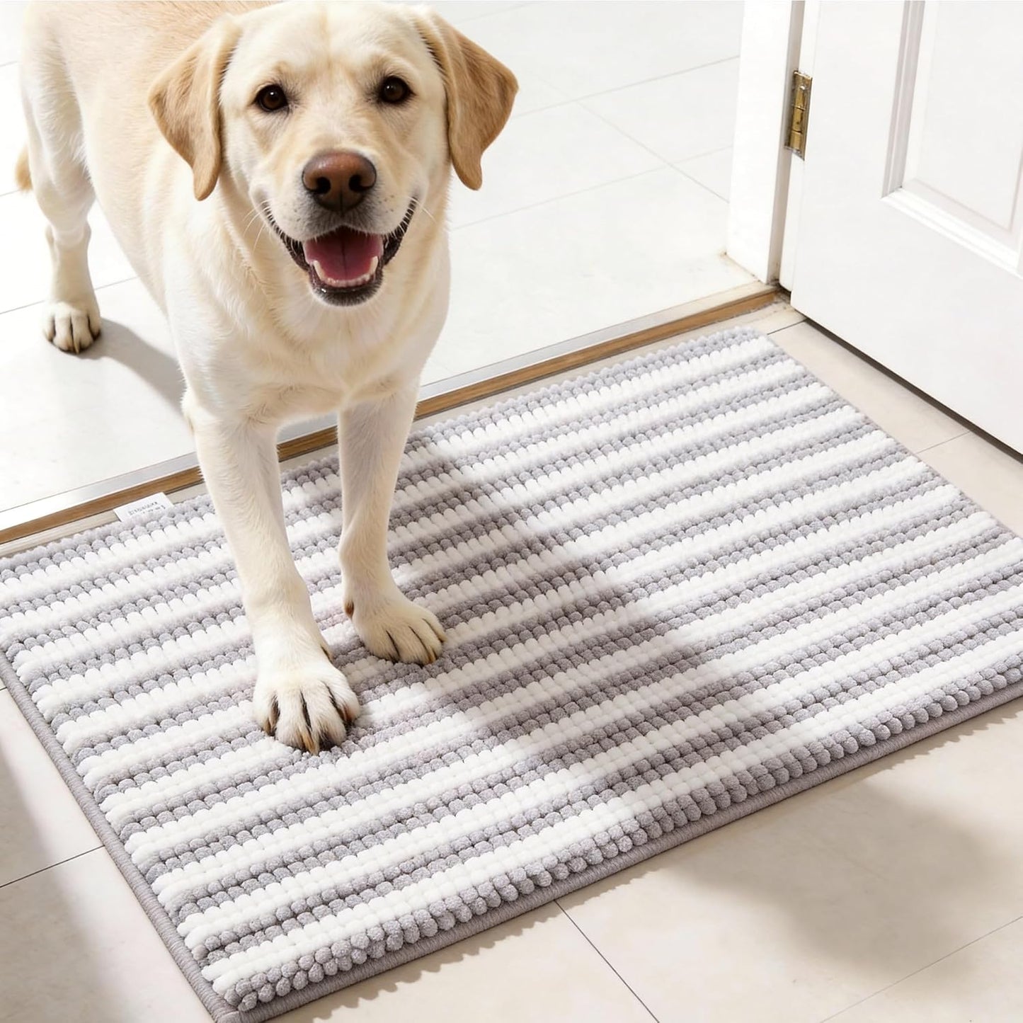 pobopobo Dog Door Mat for Muddy Paws - Absorbent & Washable Chenille Rug, Non-Slip Dirt Trapper for Indoor Outdoor Entryway, Quick Dry Pet Mat for Muddy Dogs (Striped Gray-Blue&White, 24" x 16")