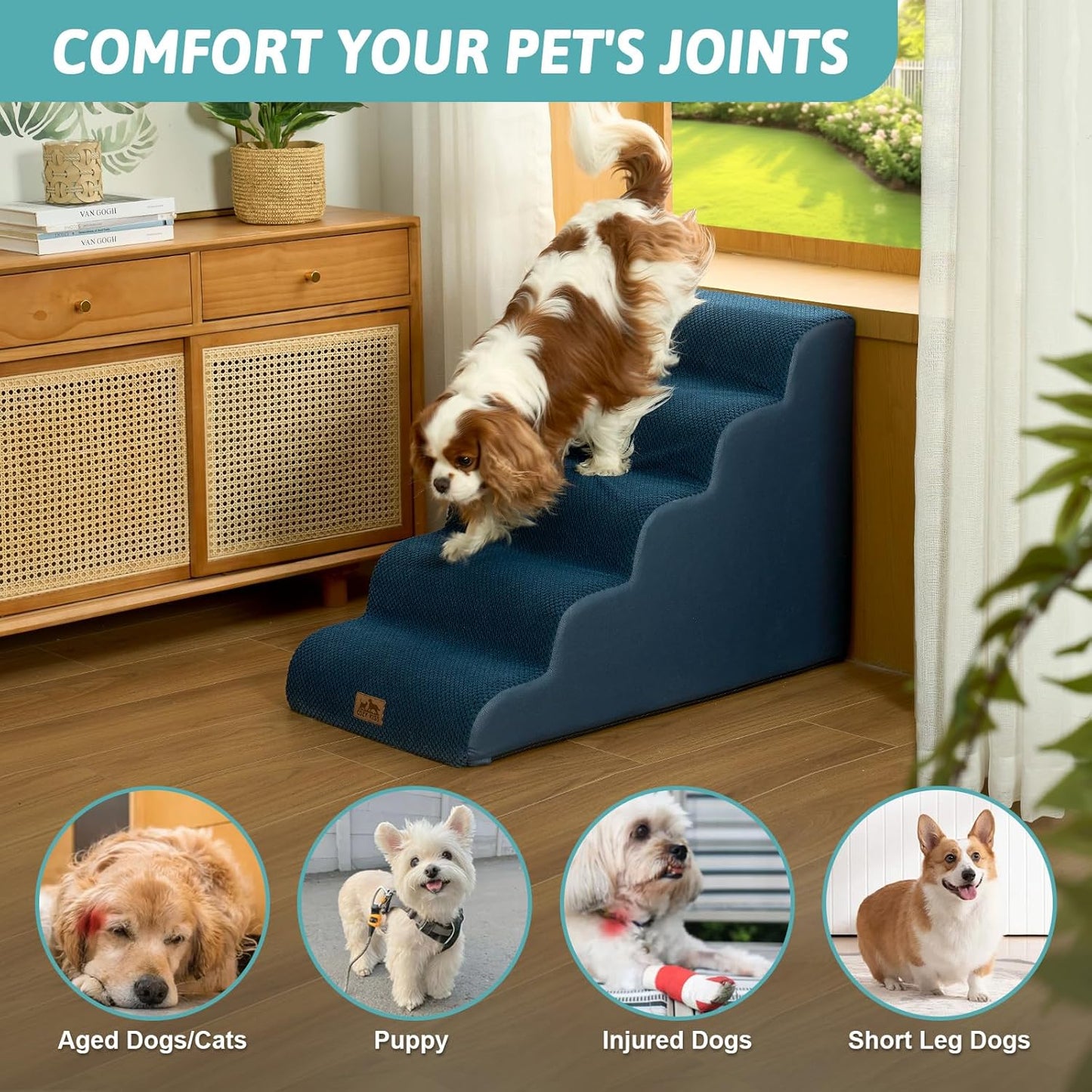 COZY KISS Dog Stairs for Small Dogs 15.7" H, Curved Dog Step for Puppy, Older Cat, Medium Pet Ramp for Sofa, Couch or Chair, Ladder with High Density Foam, 3 Step, 15.7x22.4x15.7 inch, Beige