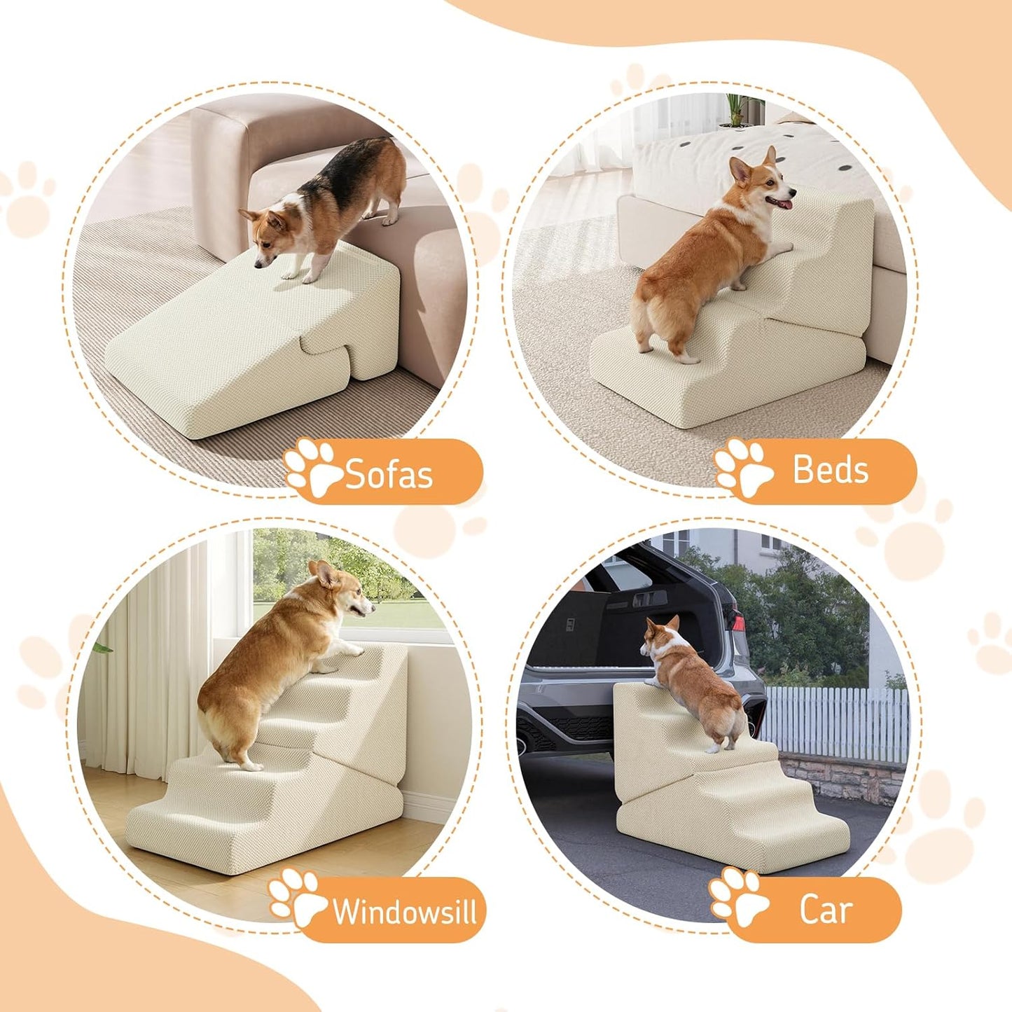 Dog Ramp for Bed, 23" H Dog Stairs for High Bed, 2 in 1 Pet Steps for Small Dogs, 5-Step Foldable Transformable Large Cats Ramp to Get on Couch, Non-Slip Balanced, Grey