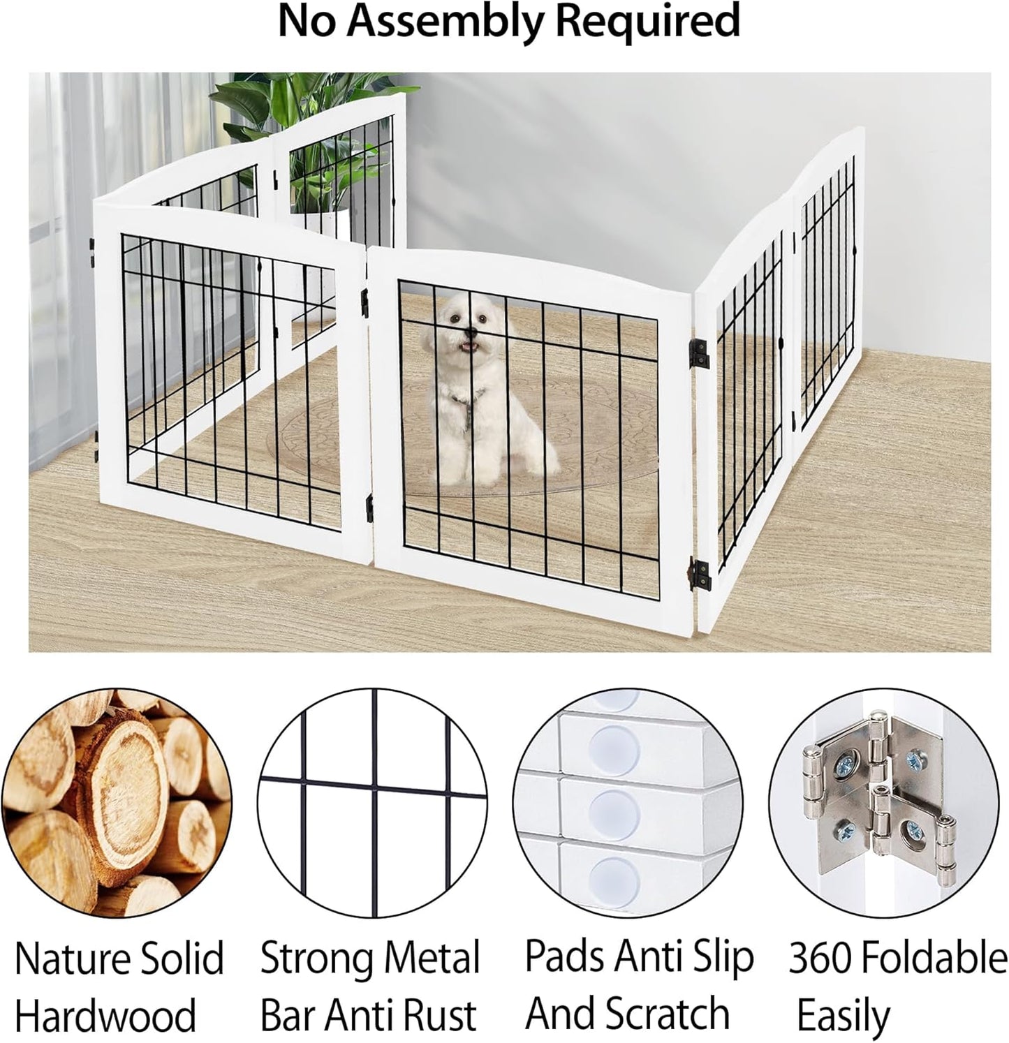 LZRS 2-Panel Freestanding Foldable Wood Dog Gate – Solid Wood & Steel Wire, Chew-Resistant Pet Barrier for Indoor Use, Ideal for Small to Medium Dogs, White