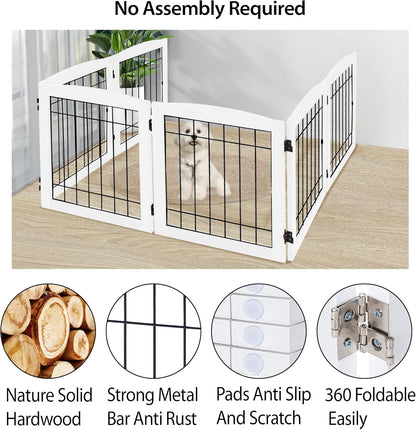 LZRS 2-Panel Freestanding Foldable Wood Dog Gate – Solid Wood & Steel Wire, Chew-Resistant Pet Barrier for Indoor Use, Ideal for Small to Medium Dogs, White