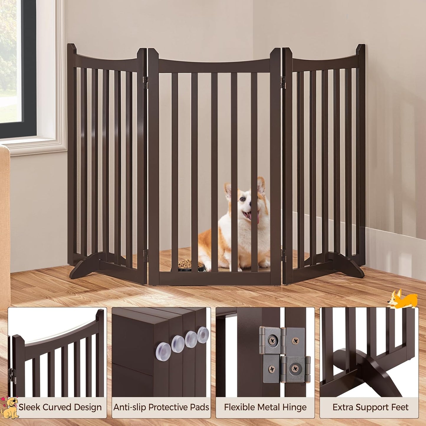 Topeakmart Dog Fence Indoor 36" Tall 3-Panels Wooden Foldable Dog Gate for Pets with 2 Support Feet Freestanding Pet Barrier for Doorways, Porch, Stairs, Kitchen Espresso 60" L × 36" H