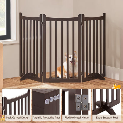 Topeakmart Dog Fence Indoor 36" Tall 3-Panels Wooden Foldable Dog Gate for Pets with 2 Support Feet Freestanding Pet Barrier for Doorways, Porch, Stairs, Kitchen Espresso 60" L × 36" H