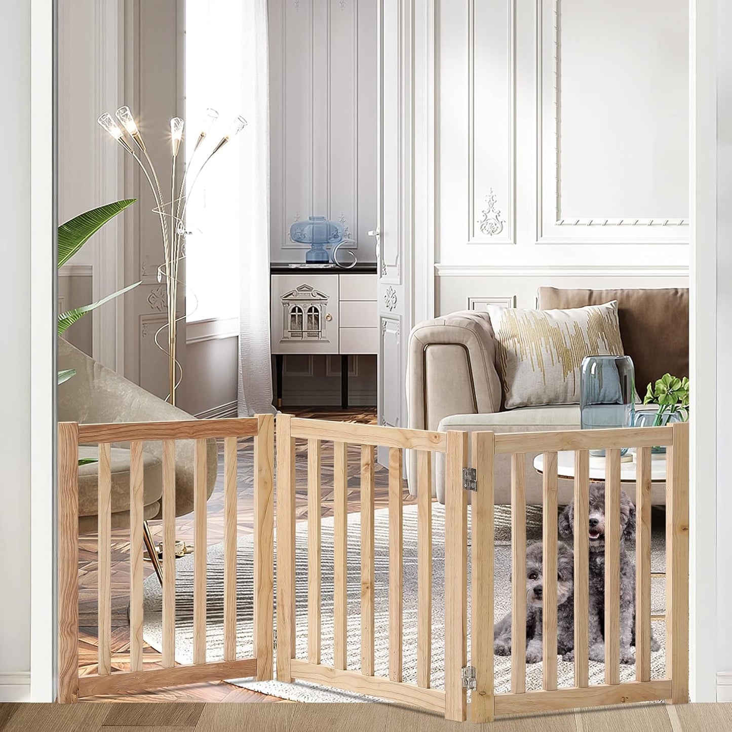 LZRS 2-Panel Wooden Free Standing Foldable Dog Gate Indoor – Solid Hardwood 24" High, Step-Over Safety Pet Gate for Doorways, Stairs & Small Spaces - Indoor Use, White