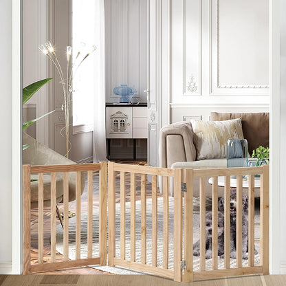 LZRS 2-Panel Wooden Free Standing Foldable Dog Gate Indoor – Solid Hardwood 24" High, Step-Over Safety Pet Gate for Doorways, Stairs & Small Spaces - Indoor Use, White