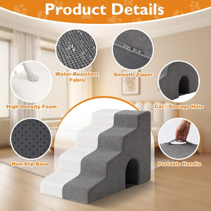 Dog Stairs for Bed 23’’ H, 5-Step Dog Steps for High Bed, Foldable Pet Stairs for Small Dogs and Cats to Get on Beds, Couch, Non-Slip Balanced Pet Steps and Ramp with Waterproof Cover, Grey