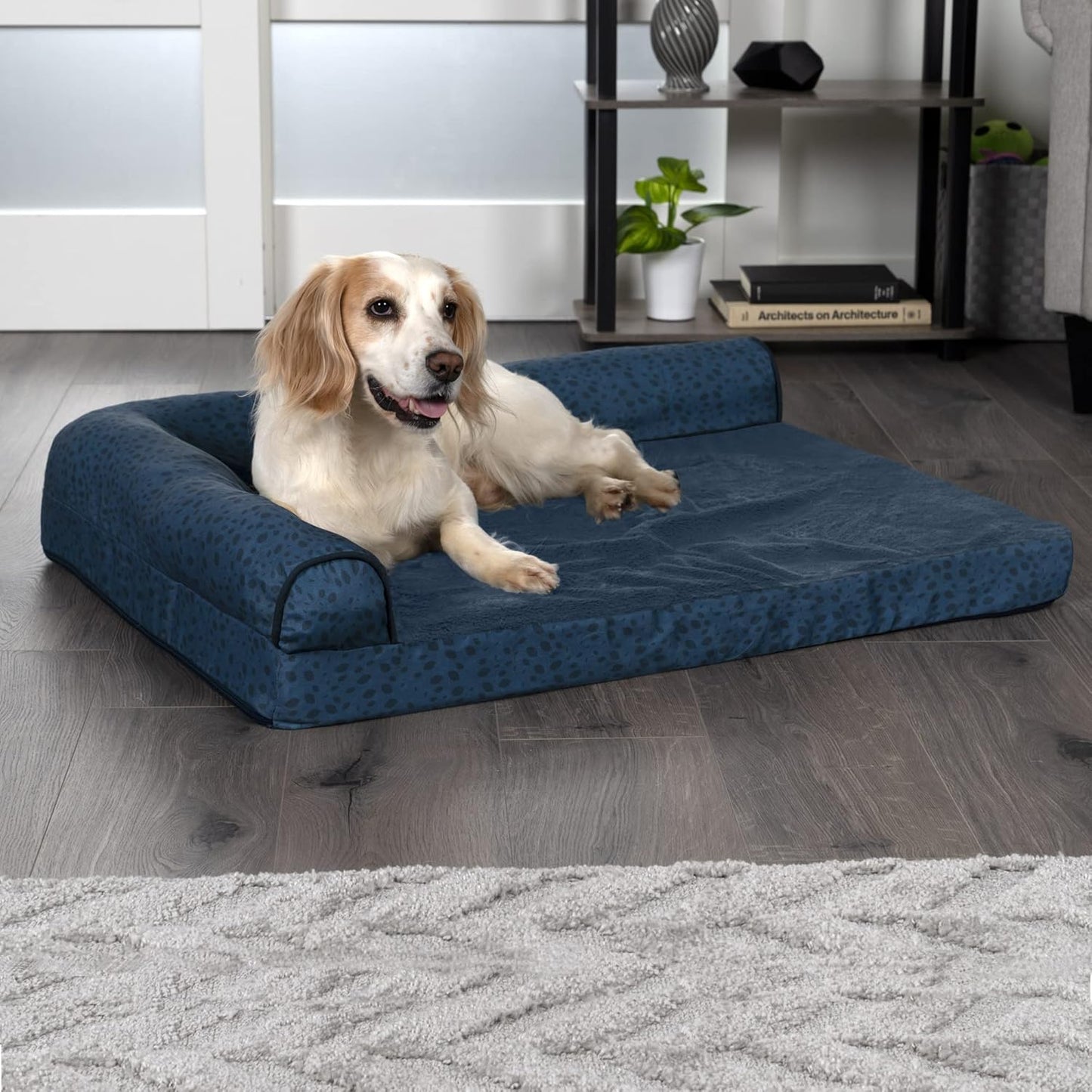 Furhaven Memory Foam Dog Bed for Large Dogs w/ Removable Bolsters & Washable Cover, For Dogs Up to 95 lbs - Two-Tone Plush Faux Fur & Suede L Shaped Chaise - Espresso, Jumbo/XL
