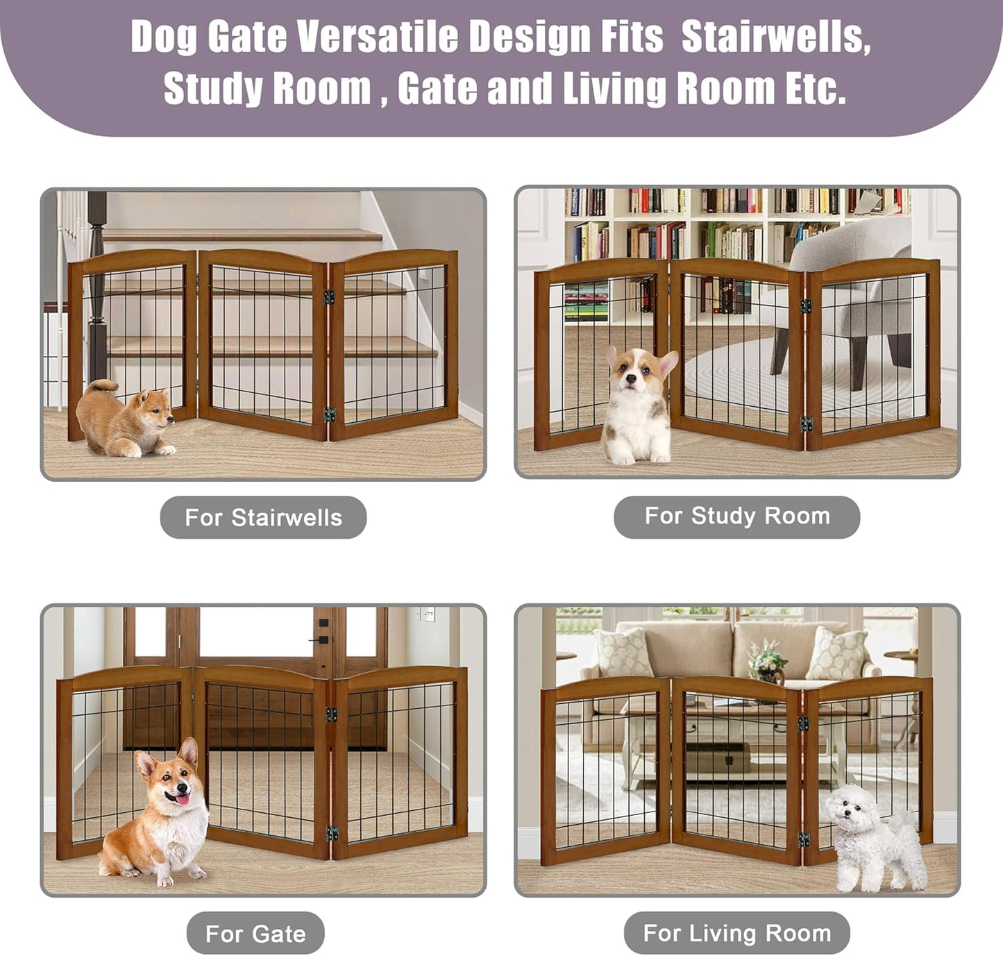 LZRS 2-Panel Freestanding Foldable Wood Dog Gate – Solid Wood & Steel Wire, Chew-Resistant Pet Barrier for Indoor Use, Ideal for Small to Medium Dogs, White