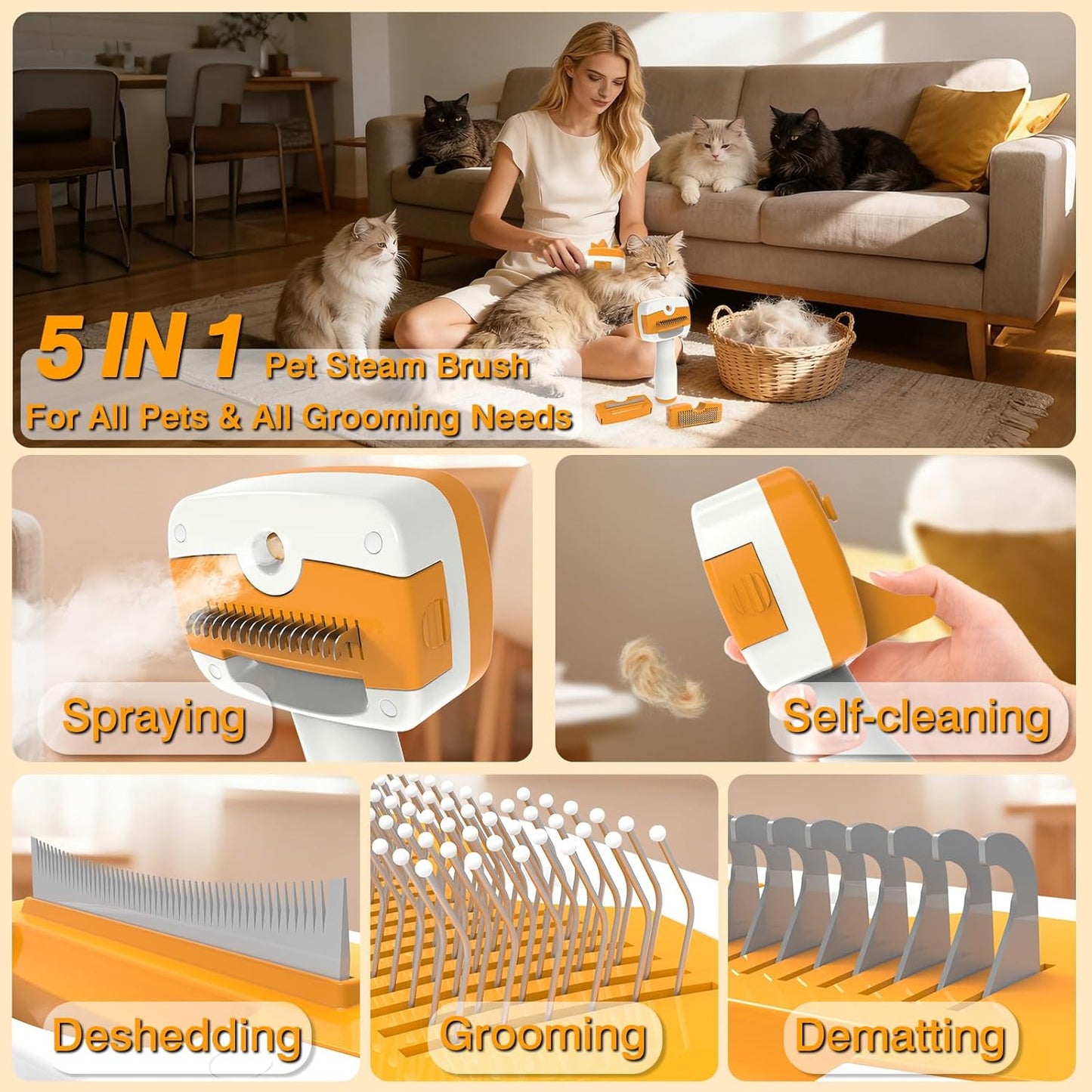 Pet Steam Brush for Dogs & Cats,5-in-1 Self-Cleaning Dog Steam Brush with 3 Swap-in Heads (Grooming, Dematting, Deshedding),Cat Spray Hair Removal Comb,Includes Pet Essence & Storage Bag