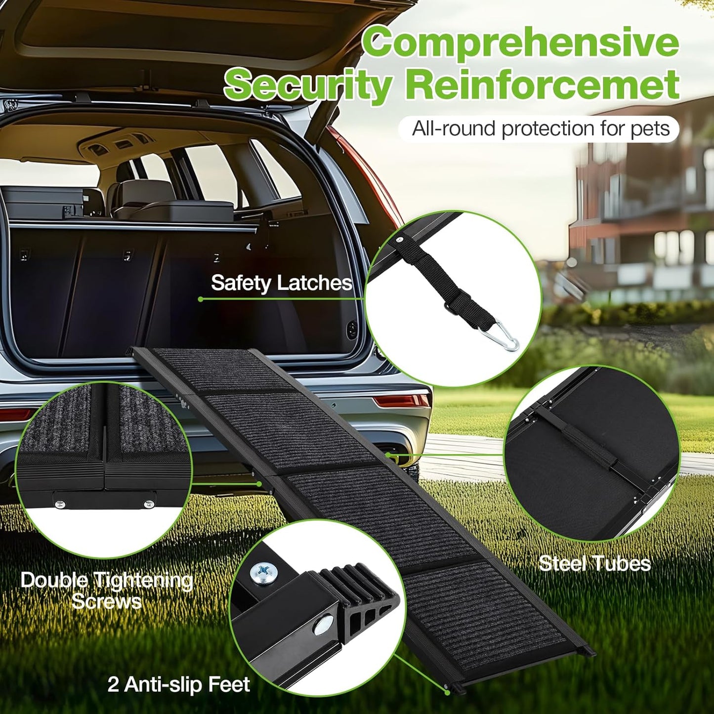FAHKNS Dog Ramp for Car, 71" x 17" Extra Long Wide Folding Pet Ramp, Non-Slip Rug Surface, Aluminum, Black, Up to 300 LBS