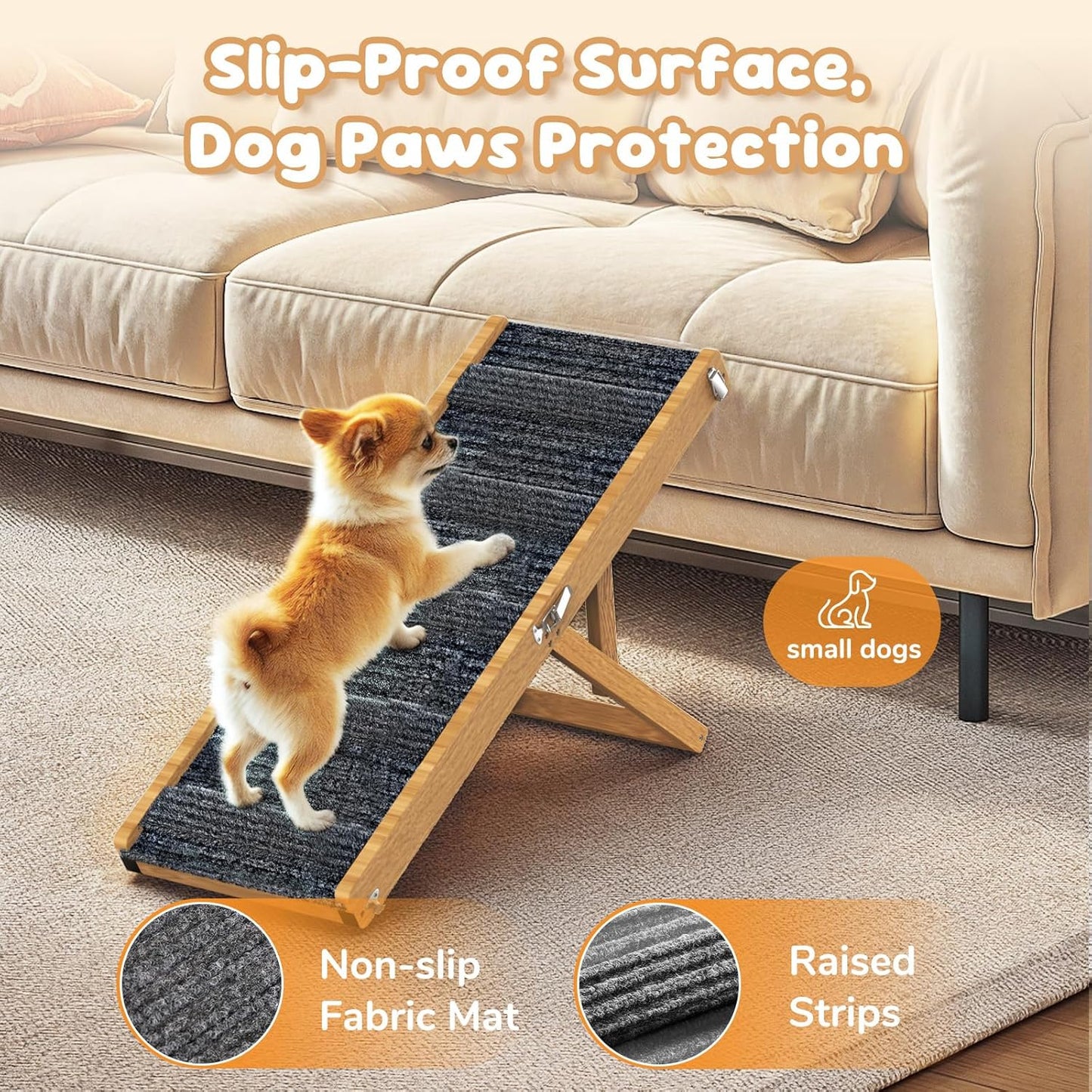 Pawaboo Foldable Dog Ramp, Small Dog Ramp for Couch, 4 Adjustable Height from 13'' to 21", Stable Pet Steps with Non-Slip Pad, Portable Pet Ramps Use for Couch Sofa Stairs, Wood