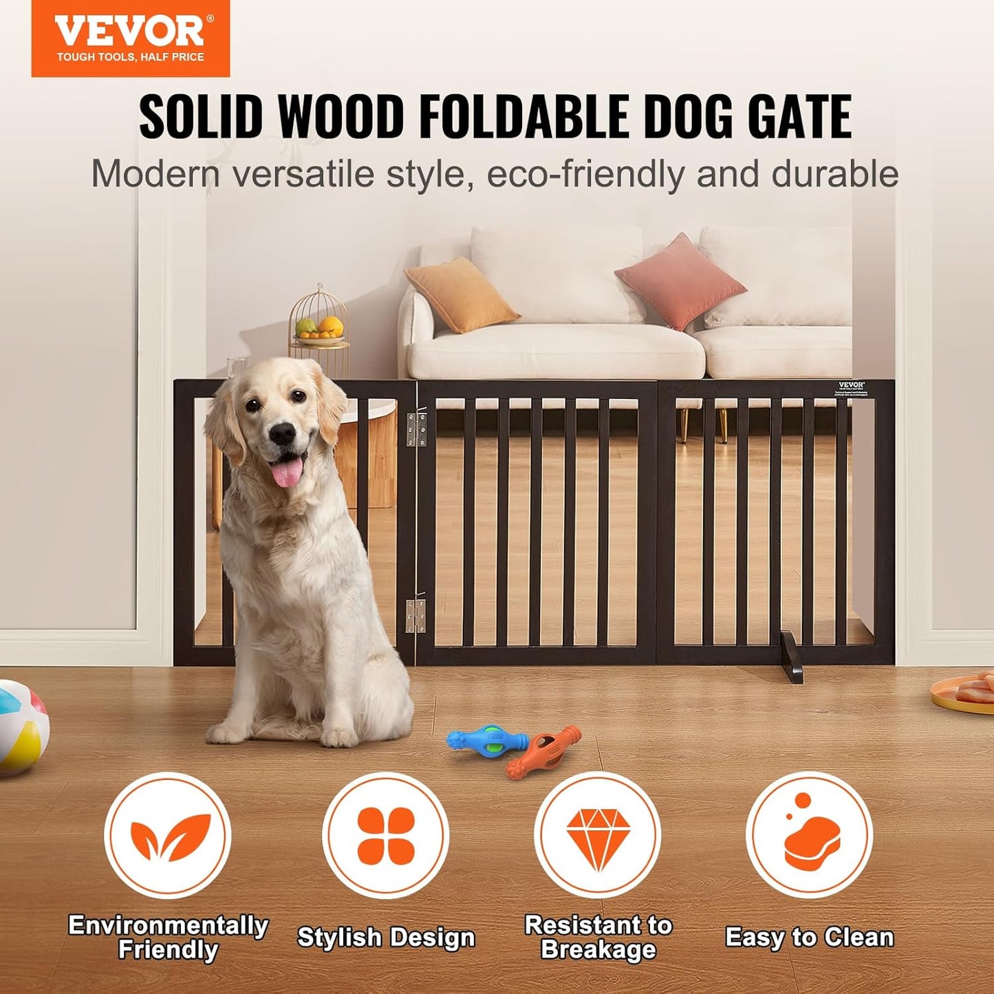 VEVOR Freestanding Pet Gate, Wooden 24" H x 80" W, 4-Panel Foldable Gate for Wide & Narrow Passageways, Expandable Dog Barrier with Silent Foot Support, White