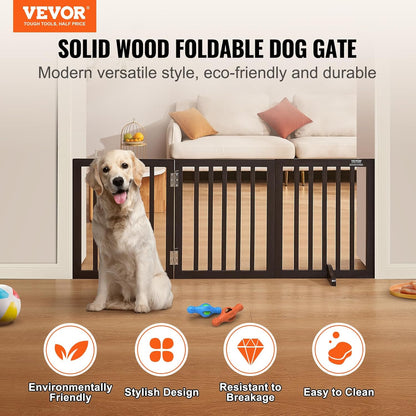 VEVOR Freestanding Pet Gate, Wooden 24" H x 80" W, 4-Panel Foldable Gate for Wide & Narrow Passageways, Expandable Dog Barrier with Silent Foot Support, White