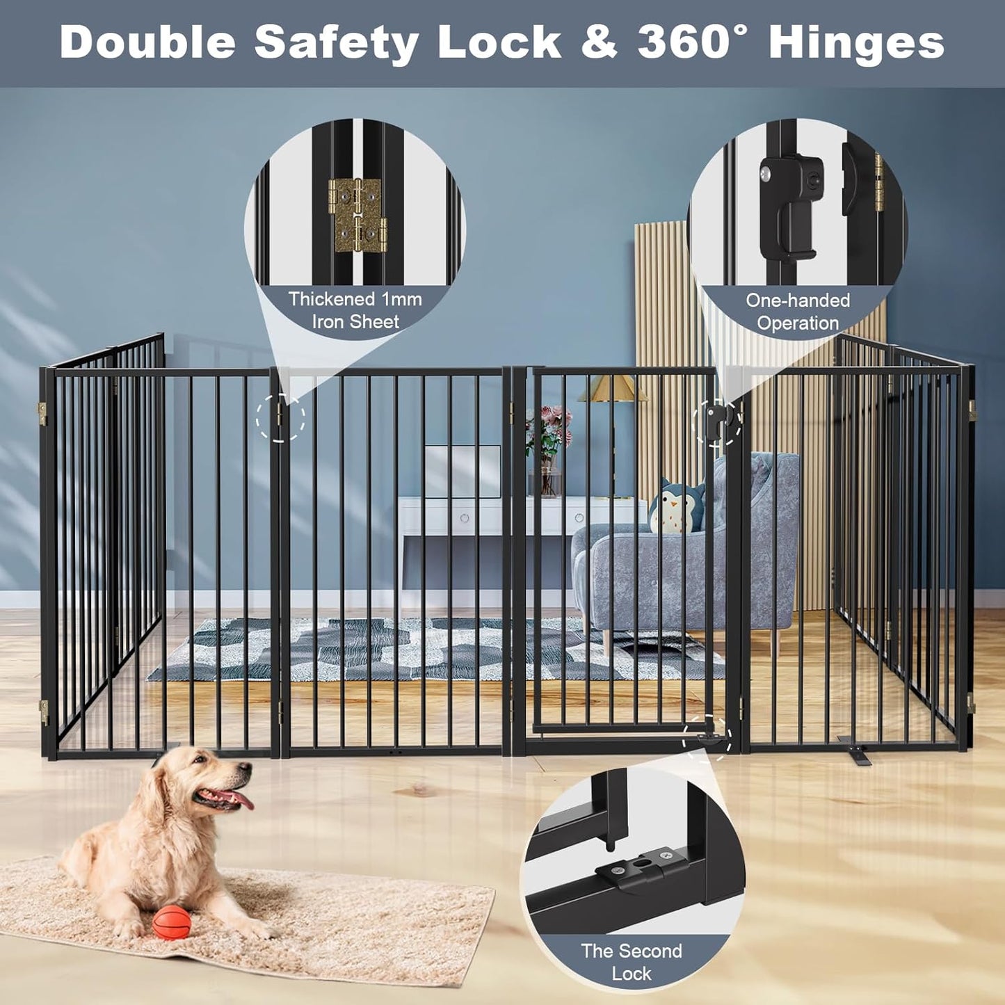 Metal Freestanding Dog Gates with Door for Outdoor Indoor,80'' Extra Wide 32'' Tall Free Standing Dog Gate for Doorways,Large Openings,Deck,Yard,Foldable Safety Pet Fence(Black,4 Panels)