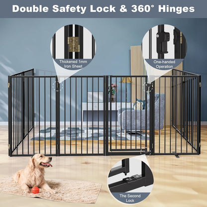 Metal Freestanding Dog Gates with Door for Outdoor Indoor,80'' Extra Wide 32'' Tall Free Standing Dog Gate for Doorways,Large Openings,Deck,Yard,Foldable Safety Pet Fence(Black,4 Panels)