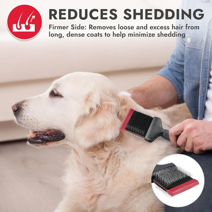 KONG Double-Sided Rake & Deshedding Tool – Detangling & Shedding Control, Rounded Metal Tips, Non-Slip Grip, for Medium to Large Dogs with Medium to Long Coats, Red/Gray