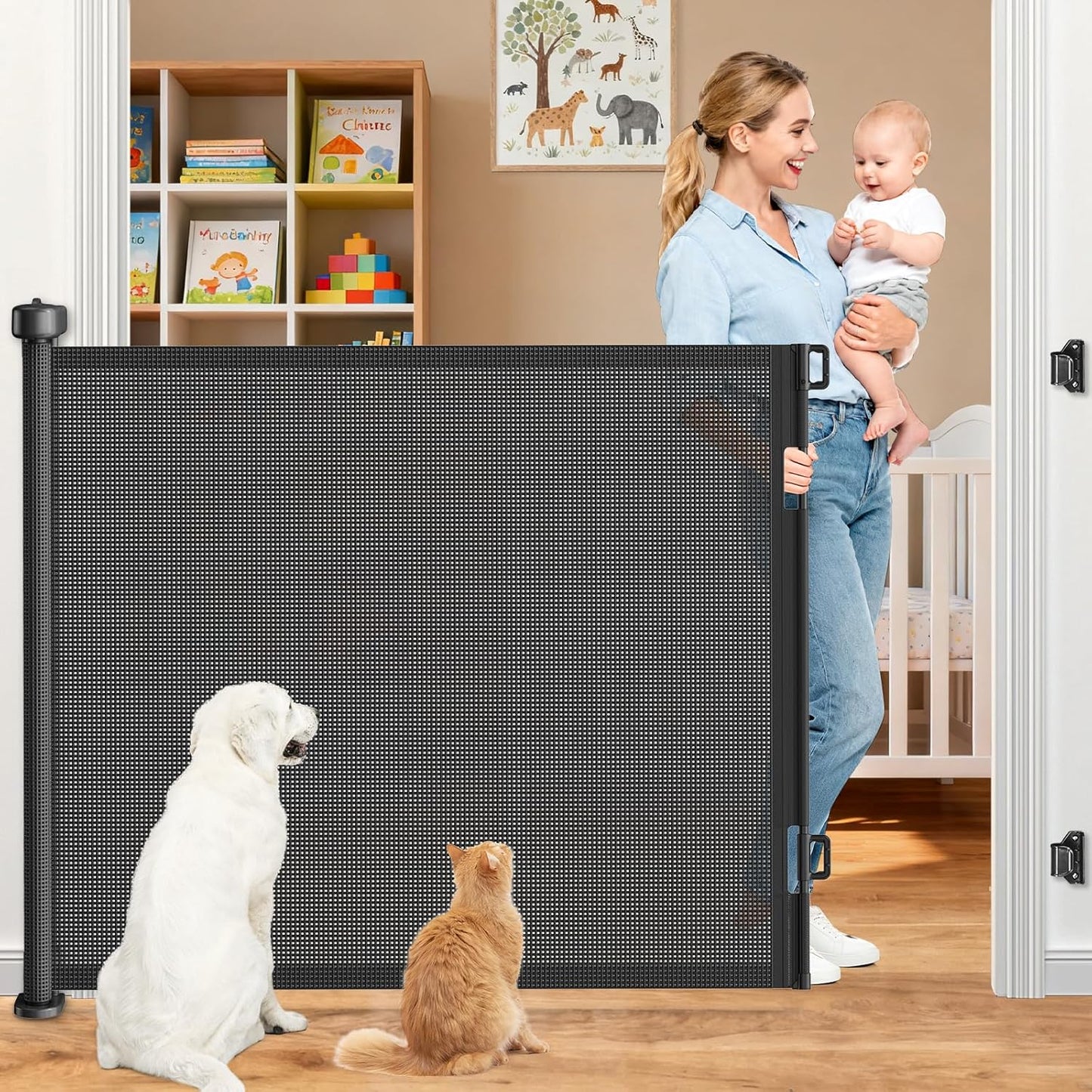 Upgrade 120 inch Retractable Baby Gates, EZIGO Extra Wide Baby Gate for Large Opening Extra Long Mesh Gate for Kids or Pet Dog Gate Child Safety Gate for Stairs Hallways Doorway Indoor Outdoor, Gray