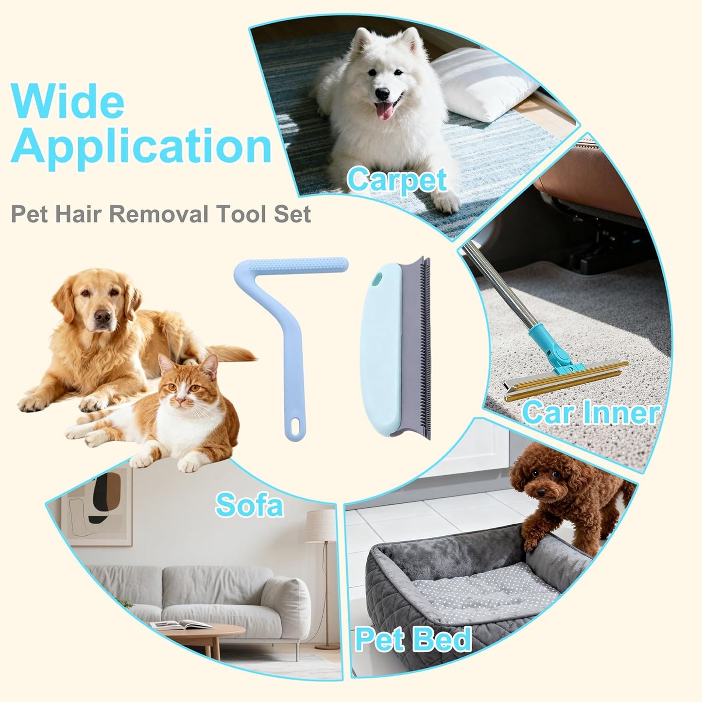 Carpet Rake for Pet Hair Removal Tool, 54" Long Handle Pet Hair Remover, 4 in 1 Carpet Broom Brush for Matted Rugs, Mats, Couch, Furniture and Car Interiors