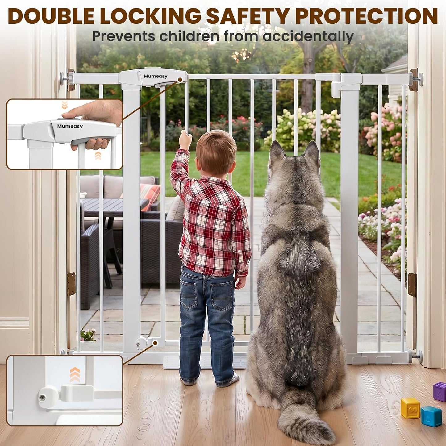 Mumeasy 29.7-46" Baby Gate for Stairs, Pressure Mounted Dog Gate for Doorways, Auto Close Walk Through Pet Gate Indoor, Extra Wide Metal Child Safety Gate, Mom's Choice Awards Winner, Black