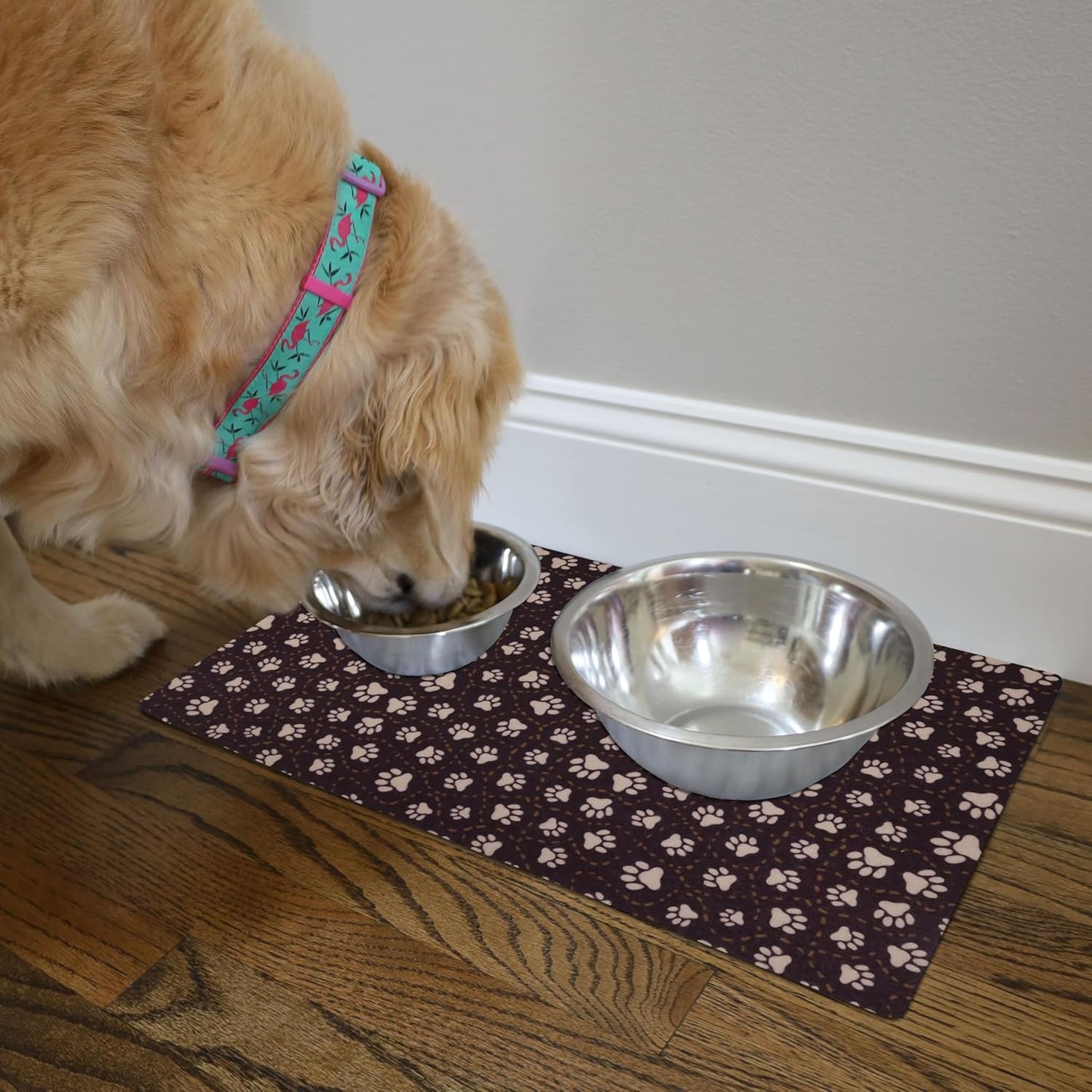 Drymate Pet Bowl Placemat, Dog & Cat Food Feeding Mat - Absorbent Fabric, Waterproof Backing, Slip-Resistant - Machine Washable/Durable (USA Made) (12” x 20”) (Indigo)