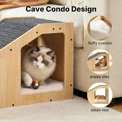 Veehoo Small Dog Ramp for Bed Couch, Pet Ramps for Dogs to Get on Bed Couch with Cat Cave Condo Non Slip Surface and Bottom Pad, 16" Wide Wooden Doggy Stairs Puppy Steps Small Ramp Ladder for Indoor