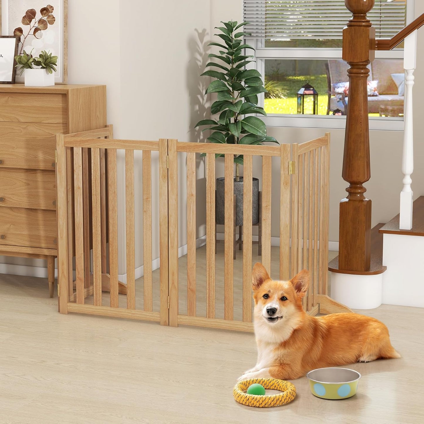 36" Height Extra Tall Freestanding Pet Gate, Solid Wood Folding Safety Fence Wooden Dog Gate with 2 PCs Support Feet Ideal for Stairs, Doorways, Halls, Kitchens, Heavy Duty Gates, 3 Panels, Oak