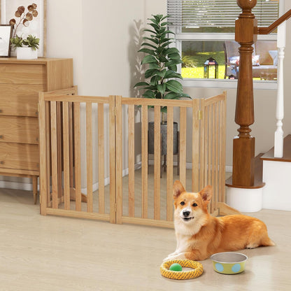 36" Height Extra Tall Freestanding Pet Gate, Solid Wood Folding Safety Fence Wooden Dog Gate with 2 PCs Support Feet Ideal for Stairs, Doorways, Halls, Kitchens, Heavy Duty Gates, 3 Panels, Oak