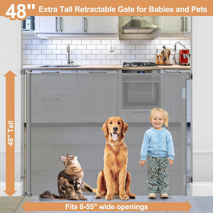48" Extra Tall Retractable Dog Gate Indoor Prevent Your Baby/Dog/Cat from Jumping Over 55" Wide Extra Tall Retractable Baby Gate for Doorway Mesh Gates for Kids or Pets Puppy Gates for the House, Gray