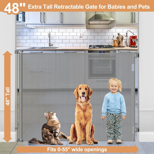 48" Extra Tall Retractable Dog Gate Indoor Prevent Your Baby/Dog/Cat from Jumping Over 55" Wide Extra Tall Retractable Baby Gate for Doorway Mesh Gates for Kids or Pets Puppy Gates for the House, Gray