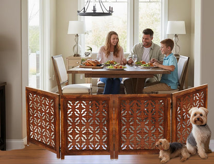 Croft&Cane Wooden Foldable Pet Dog Safety Gate – 3 Panel Freestanding Indoor Pet Fence (20 inches W x 24 inches H) – Hand-Carved Solid Wood & MDF – Fully Assembled - Antique Brown